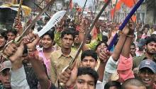 Indian Hindu fanatics in occupied Jammu armed with swords during anti-Muslim riots.